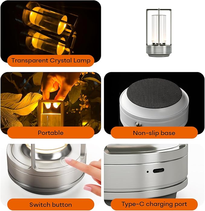 Portable Metal Table Lamp for Indoor/Outdoor ,Rechargeable Cordless LED Lamp, 3-Colour Infinitely Dimming Battery Powered Small Desk Lamp, Restaurant/Bedroom/Bar/Coffee/Camping Light (Sliver Set of 2)