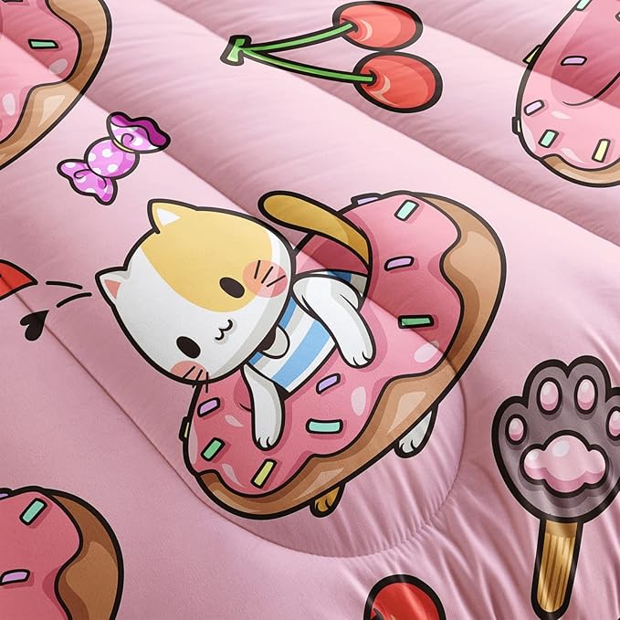 Kawaii Cat Comforter King Size,Doughnut Cherry Cat Comforter Set for Kids Teens Girls,3Pcs Bedding Set Printed Comforter with 2 Pillowcases,Soft and Lightweight(Pink，King Size)