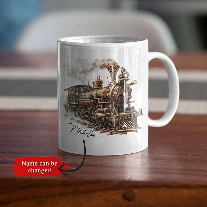 Customized Vintage Locomotive Design Ceramic Cup, Personalized Steampunk Train Coffee Mug 11oz 15oz, Unique Custom Name Mug Gift For Train Enthusiasts, Steam Engine White Mug