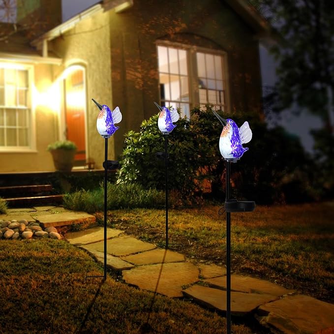 Afirst Decorative Solar Lights Outdoor Solar Hummingbird Stake Lights Hand Blown Glass Decorative Garden Pathway Light Outdoor Waterproof Glass Stakes Blue