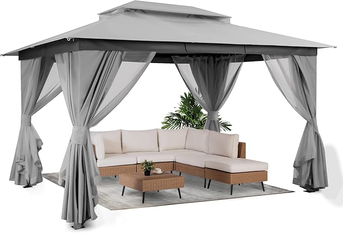 LAUSAINT HOME Outdoor Patio Gazebo 10'x13' with Expansion Bolts, Heavy Duty Party Tent & Shelter with Double Roofs, Mosquito Nettings and Privacy Screens for Backyard, Garden, Lawn, Smoke Grey