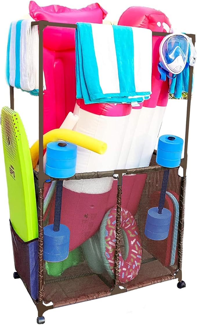 Essentially Yours Pool Equipment Holder with Towel Drying Bars, Mesh Rolling Pool Storage Organizer Bin, Extra Large with Towel Hanger, (34.5" W x 25" L x 62.6" H), Brown Style 418566