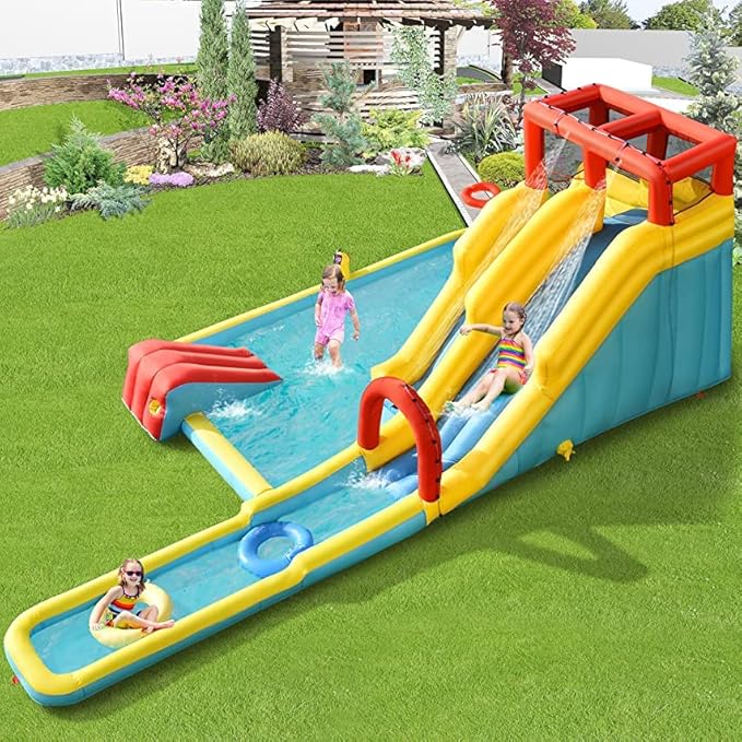 BOUNTECH Inflatable Water Slide, Dual Surfing Slides Kids Water Slide Park Jump Bouncy Castle w/2 Swimming Rings, Large Splash Pool, Backyard Outdoor Blow up Water Slides Inflatables for Big Kids