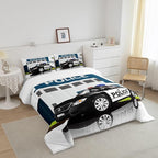 Children Police Car Comforter Set, 3D Car Pattern Down Comforter Full Size for Kids Boys Girls Teens Bedroom, Cartoon Automobile Quilted Duvet, Decorative 3 Piece Bedding Set with 2 Pillow Cases