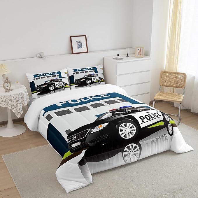 Children Police Car Comforter Set, 3D Car Pattern Down Comforter Twin Size for Kids Boys Girls Teens Bedroom, Cartoon Automobile Quilted Duvet, Decorative 2 Piece Bedding Set with Pillow Case