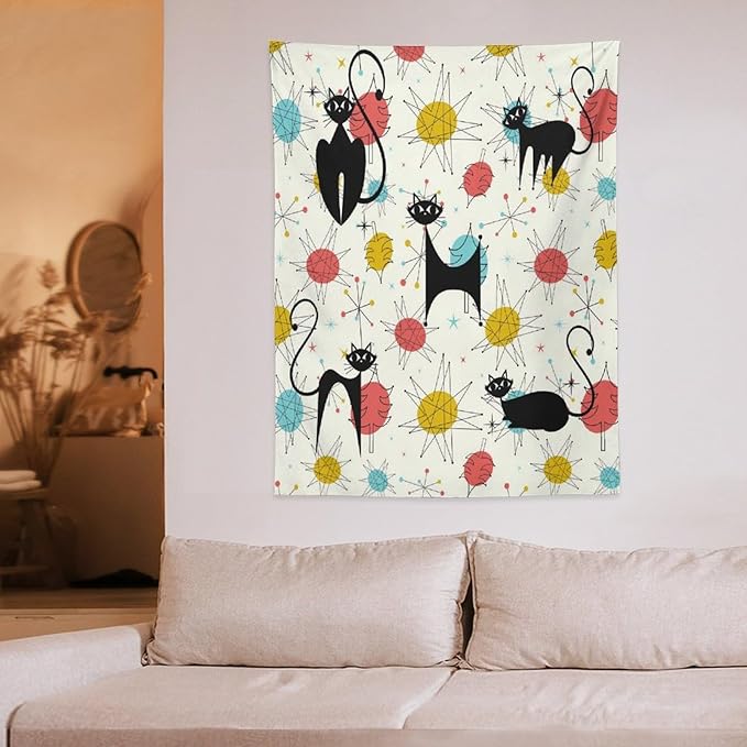 ICMOLYYENLO Abstract Cat Tapestry, Medieval Abstract Atomic Star Cat Vintage Home Wall Hanging Art Tapestry for Bedroom Living Room Dormitory 60x80 Inch