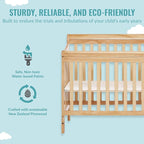Aden 4-in-1 Convertible Mini Crib In Natural, Greenguard Gold Certified, Non-Toxic Finish, New Zealand Pinewood, With 3 Mattress Height Settings