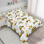 Axolotl Yellow Excavator Comforter Set Full Size,Cartoon Excavator Bedding Set,Kids Machinery Truck Comforte Set,White Stripe Bedding Vehicle Car Decor for Kids Boys Teens,1 Quilt 2 Pillowcases