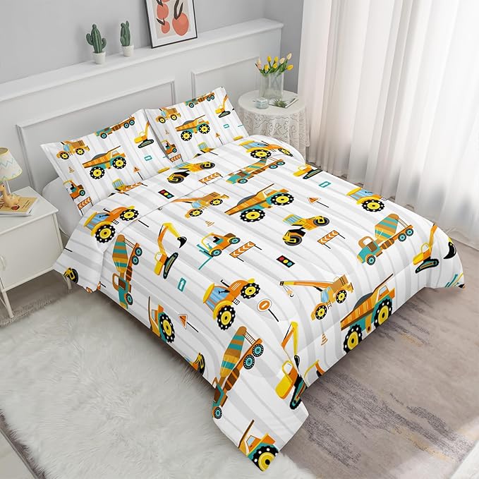 Axolotl Yellow Excavator Comforter Set Full Size,Cartoon Excavator Bedding Set,Kids Machinery Truck Comforte Set,White Stripe Bedding Vehicle Car Decor for Kids Boys Teens,1 Quilt 2 Pillowcases