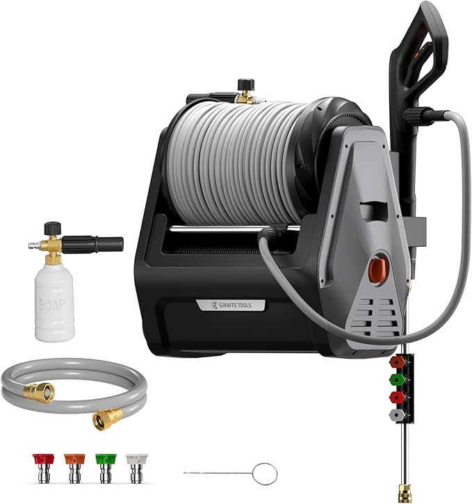 Giraffe Tools Grandfalls Retractable Pressure Washer Plus, Electric Wall Mount Pressure Washer with 100FT Ultra-Soft Pressure Hoses, 2900PSI, 2.2GPM, 4 Nozzles, Foam Cannon, Dark Silver