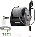 Giraffe Tools Grandfalls Retractable Pressure Washer Plus, Electric Wall Mount Pressure Washer with 100FT Ultra-Soft Pressure Hoses, 2900PSI, 2.2GPM, 4 Nozzles, Foam Cannon, Dark Silver