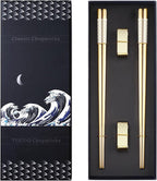 Titanium Stainless Steel 18/8 Chopsticks with Holder, 2 Pairs Dishwasher Safe, Japanese Style Gift Set (Golden)