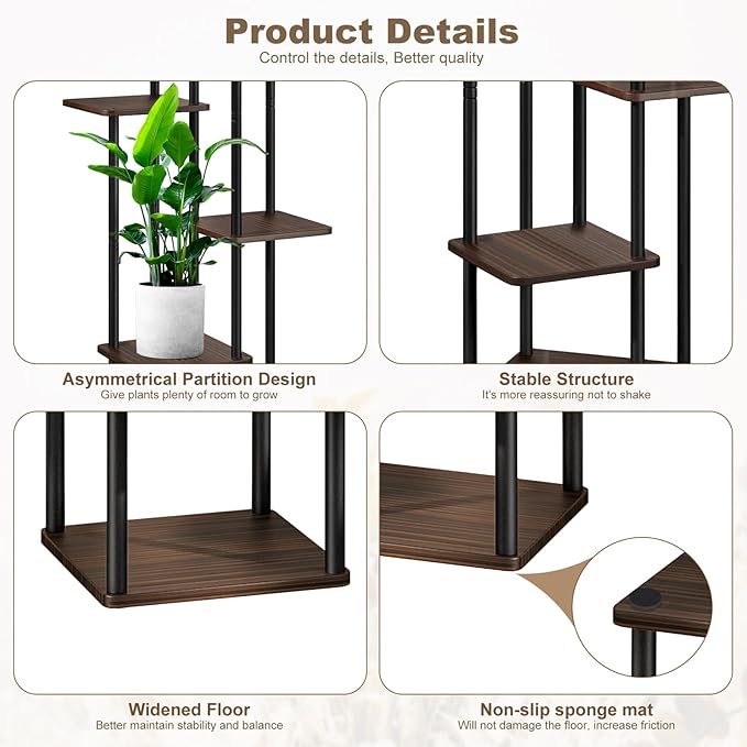 6 Tier Wood Tall Plant Stand Metal Rack Indoor, Multiple Flower Pot Holder Shelves Corner Rack, Planter Shelf Display Rack Storage Organizer for Patio Living Room Balcony Garden(Black Oak)