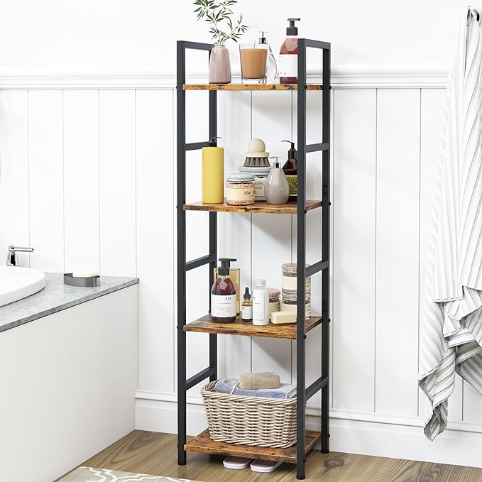 4 Tier Bookshelf, Small Book Shelf Industrial Bookcase, Metal Narrow Book Case Book Storage Organizer,Bookshelves for Bedroom Office Living Room(4 Tier,Rustic Brown)