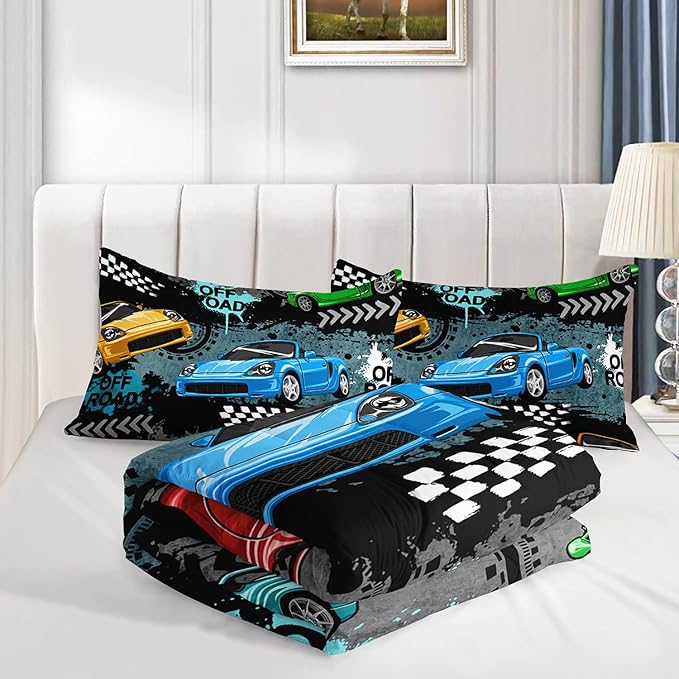 Axolotl Car Comforter Set Full Size,Cool Speed Race Car Comforter for Kids Boys Girls Teens Bedroom,Extreme Sport Quilt Duvet 1 Comforter 2 Pillowcase Car Racing Gifts,Blue Red Orange