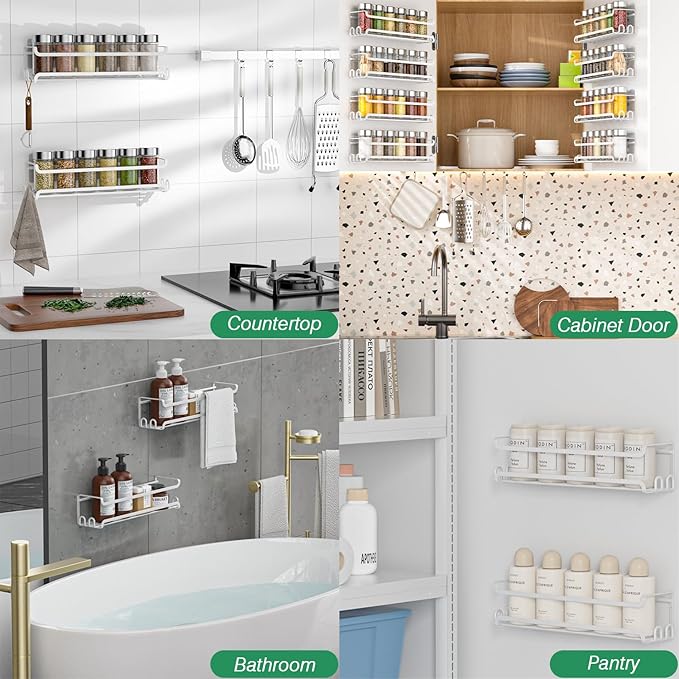 LUCYCAZ 8 Pack Wall Mounted Spice Rack with 16 Hooks, Spice Organizer Shelf for Stove Cabinet Pantry Door,Screw or Adhesive Spice Shelf Hanging Wall Spice Rack in Kitchen and RV (White, 8 PACK)