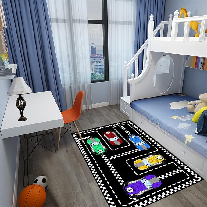 Car Rug Race Car Rug Car Track Rugs for Boys Race Track Carpet Race Car Track Rug Car Rug for Boys Room Car Rug Play Mat Car Carpet for Kids Rugs for Boys Bedroom,Black 5'×7'