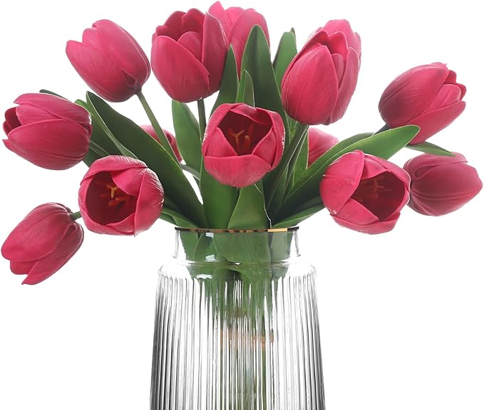 Rose Red Artificial Tulips, 2 Bundles 14Pcs, Fake Tulips Artificial Flowers, 2 x 2.4 Inch Large Flower Head Big Tulip, Easter Valentine's Day Mother's Day Home Decoration Flowers