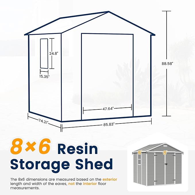 UDPATIO Resin Storage Shed 8 x 6 FT, Outdoor Garden Sheds with Floor Plastic Patio Outdoor Storage Shed with Lockable Door, Gray White