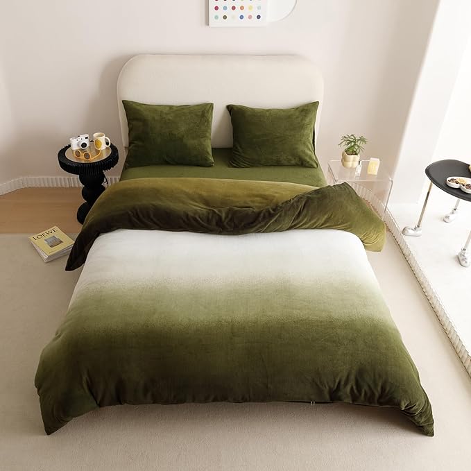 Wellboo Army Green Gradient Comforter Sets Queen Green White Fluffy Bedding Comforters Modern Gradient Dark Green Flannel Quilts Farmhouse Abstract Art Watercolor Comforters Sherpa Fuzzy Plush Bedding