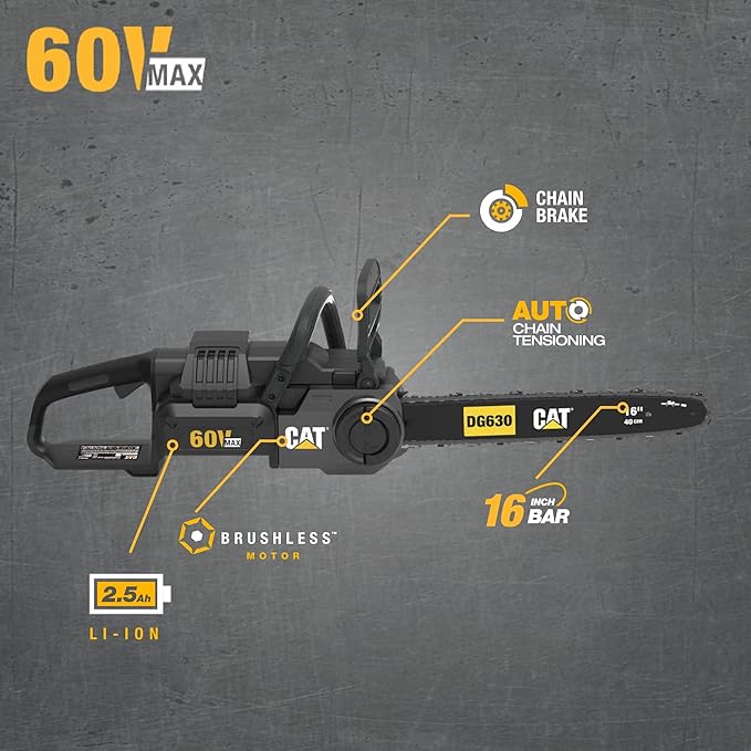 Cat DG630 60V Brushless 16” Chainsaw, Battery Chainsaw with Tool-Free Chain Tensioning, Electric Chainsaw Cordless with Chain Brake for Safety – Battery & Charger Included