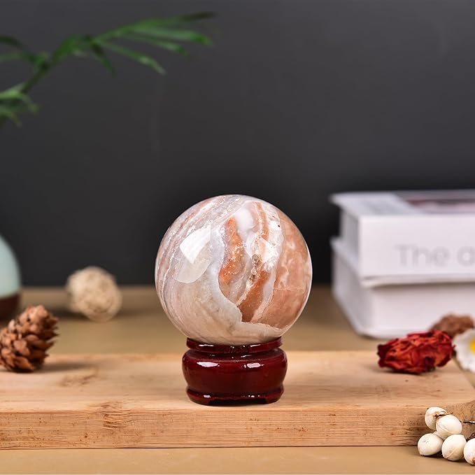 JIC Gem Pink Agate Crystal Ball with Wooden Stand Pink Healing Crystal Sphere Ball for Feng Shui Decor Spiritual Gifts 60-70mm