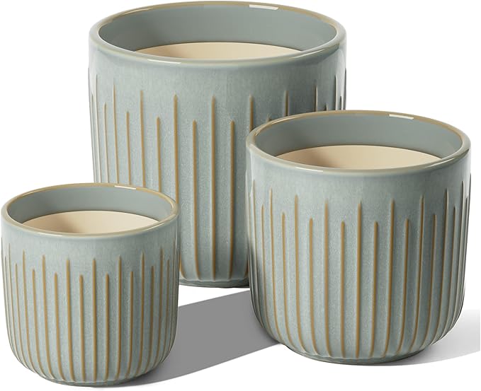 LE TAUCI Fluted Ceramic Planters Set of 3 – 8.3/7 / 5.7 in Blue Gray Reactive Cylinder Indoor Plant Pots with Drainage Plug & Mesh, Glossy Stoneware Flower Pots for Succulents Herbs