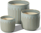 LE TAUCI Fluted Ceramic Planters Set of 3 – 8.3/7 / 5.7 in Blue Gray Reactive Cylinder Indoor Plant Pots with Drainage Plug & Mesh, Glossy Stoneware Flower Pots for Succulents Herbs