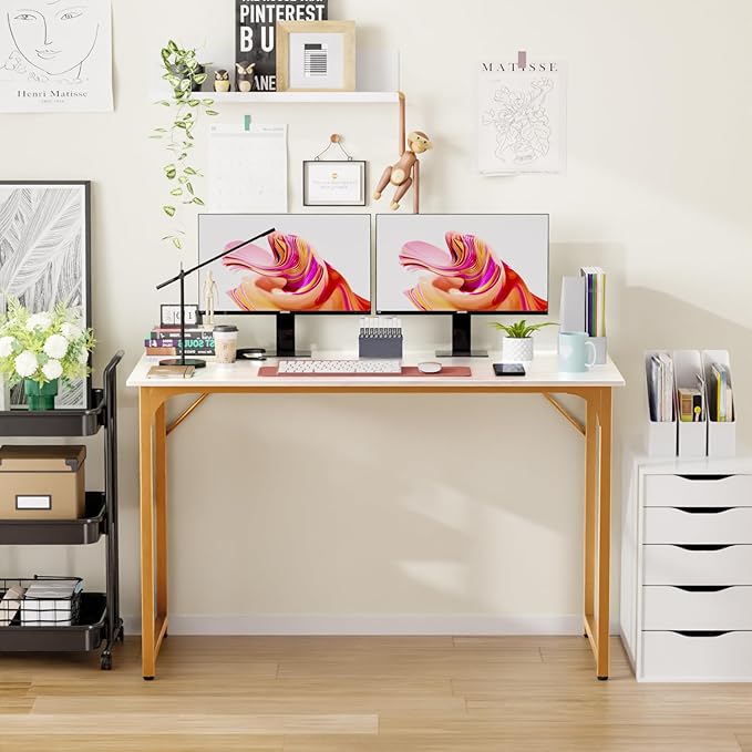 PayLessHere | 47 Inch Computer Desk | White Gold | Office Desk with Metal Frame, Adjustable Feet | Water-Resistant, Scratchproof Surface | Sturdy Writing Table for Home Office or Study | Pack of 1