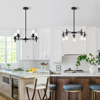 5 Lights Black Modern Farmhouse Chandelier for Dining Room with Glass Shade, Pre-Wired Height Adjustable Pendant Light Ceiling Lighting Fixture for Dining Living Room Bedroom Kitchen Foyer