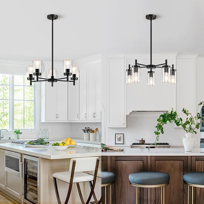 5 Lights Black Modern Farmhouse Chandelier for Dining Room with Glass Shade, Pre-Wired Height Adjustable Pendant Light Ceiling Lighting Fixture for Dining Living Room Bedroom Kitchen Foyer