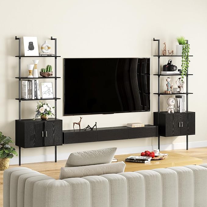 Gadroad Ladder Bookshef with Cabinet, Wall Mounted Bookcases, 5 Tier Tall Open Display Rack, 73" Metal Industrial Bookshelf, Storage Shelves for Livingroom, Home Office, Black