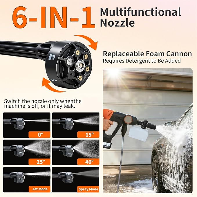 Cordless High-Pressure Washer, Includes 4.0Ah Battery and Charger, with 6-in-1 Nozzle; Portable Cordless high-Pressure Washer Ideal for car Washing, Yard Maintenance, and Household Cleaning.