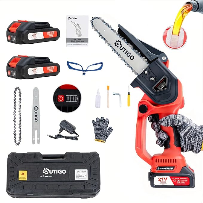 Mini Chainsaw with Battery, 8 inch Electric Chainsaw with 2 * 21V Batteries, Small Chain Saw with Safety Lock and Strong Motor for Tree Trimming, Mini Cordless Electric Chainsaw 800 W