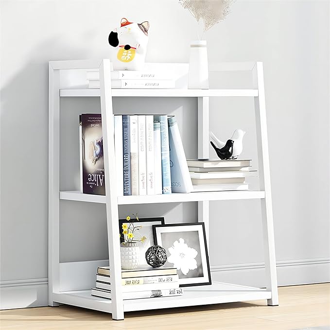 IOTXY 3 Tier Open Bookshelf - Steel and Wood Display Stand, 50CM Width Floor-Standing Bookcase, White