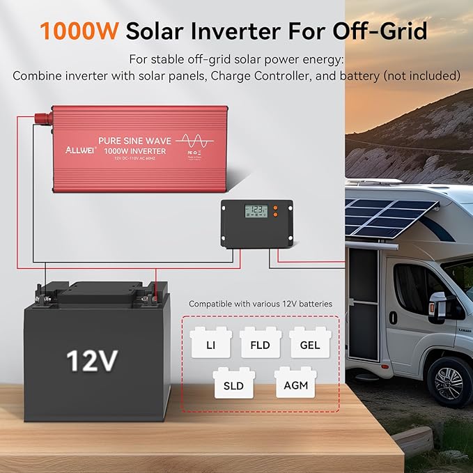 ALLWEI Pure Sine Wave Inverter - 1000 Watt Inverters 12V DC to 110V/120V AC Converter for Home, RV, Truck, Off-Grid Solar, Car Power Inverter with 2 Sockets, Power Inverters for Vehicles, 2000W Peak