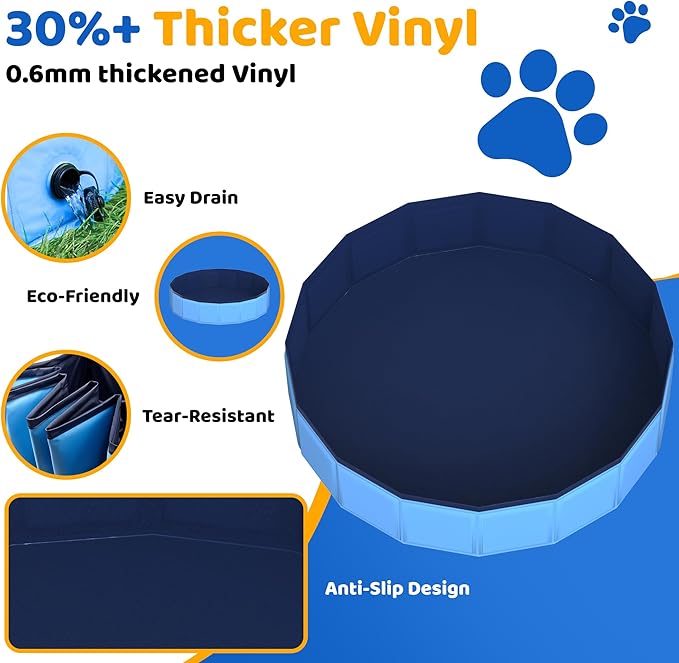79" x 12" Foldable Dog Pool - Collapsible Hard Plastic Kiddie Pool for Dogs & Kids, Non-Slip Pet Bath Tub for Outdoor Backyard Use, Lightweight & Portable (Blue)