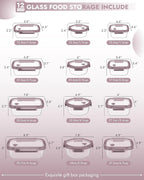 12-Pack Glass Containers with Tempered Lids – Borosilicate, Oven-Safe(-4°F~950°F), Airtight, BPA-Free, Multi-Size for Meal Prep, Dishwasher Safe, 1.6 cups to 6.4 cups (Pink)