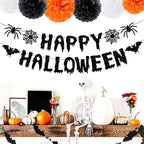 Orange Black Happy-Halloween Party Decorations - 13PCS Spider Web Bats Streamers Banner ,Paper Flowers Lanterns Tissue Pom Poms Fans, Classroom Birthday Bachelorette Hanging Supplies Decor Hugfond