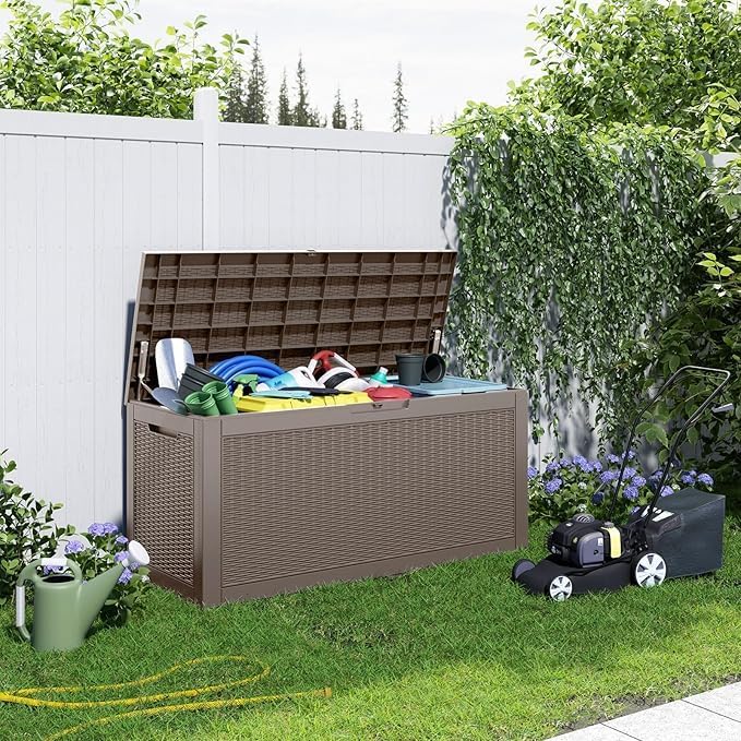 100 Gallon Deck Box,Resin Outdoor Storage Box with Lockable for Patio Furniture, Pool Accessories, Garden Tools Waterproof Outside Storage Box, Grey Pattern