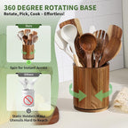 Acacia Wood Utensil Holder, 360° Rotating 7.3 in Kitchen Organizer | Rustic farmhouse countertop decor. Rotating base for easy access to spatulas, spoons, and cooking utensils. 7.3-inch capacity