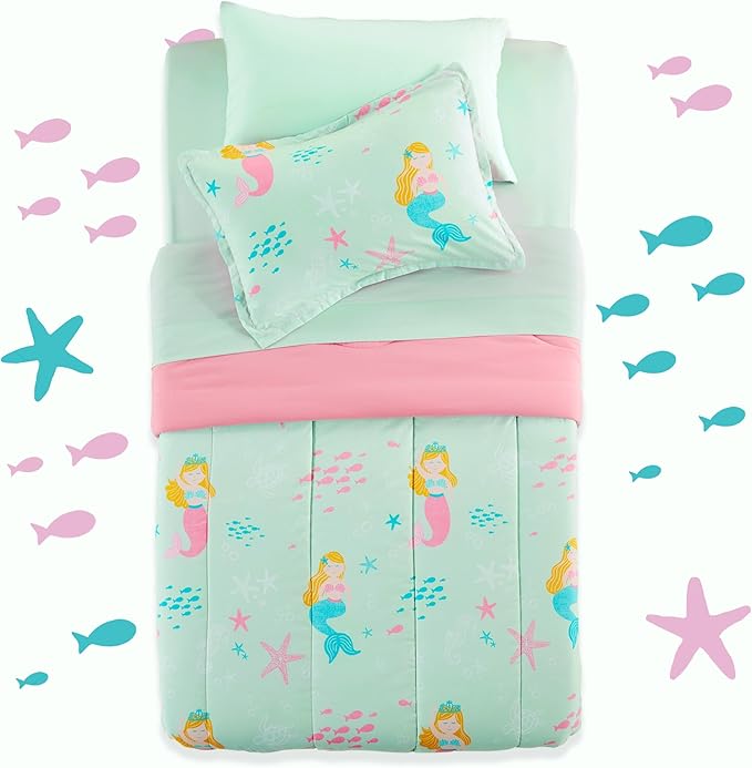 SLEEP ZONE Kids Bedding Comforter Set Full/Queen Size - Super Cute & Soft Kids Bedding 7 Pieces Set with Comforter, Sheet, Pillowcase & Sham (Mermaid Princess)