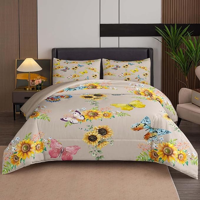 Tailor Shop Sunflower Comforter Sets Full Size,Sunflower Bedding Sets for Teens Kids Butterflies Comforter Sets,Butterfly Bedding Sets Vintage Yellow Flowers Bedding Sets with 2 Pillowcases
