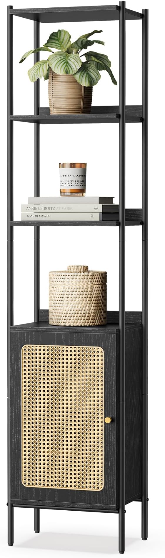 VASAGLE 6-Tier Bookcase, Bookshelf with Rattan-Like Door, Boho Style, Freestanding 15.7-Inch Wide Storage Shelf, Metal Frame, Adjustable Shelf, for Living Room, Ebony Black and Matte Black ULLS122B56
