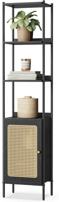 VASAGLE 6-Tier Bookcase, Bookshelf with Rattan-Like Door, Boho Style, Freestanding 15.7-Inch Wide Storage Shelf, Metal Frame, Adjustable Shelf, for Living Room, Ebony Black and Matte Black ULLS122B56