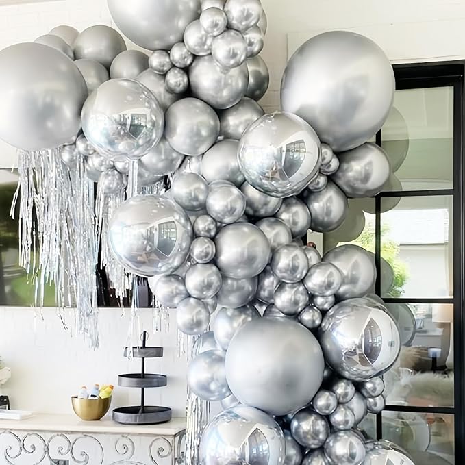 130pcs Metallic Silver Balloons Different Sizes 18" 12" 10" 5" Chrome Silver Balloon Garland Arch Kit for Graduation Birthday Baby Shower Wedding Anniversary New Year Party Decorations