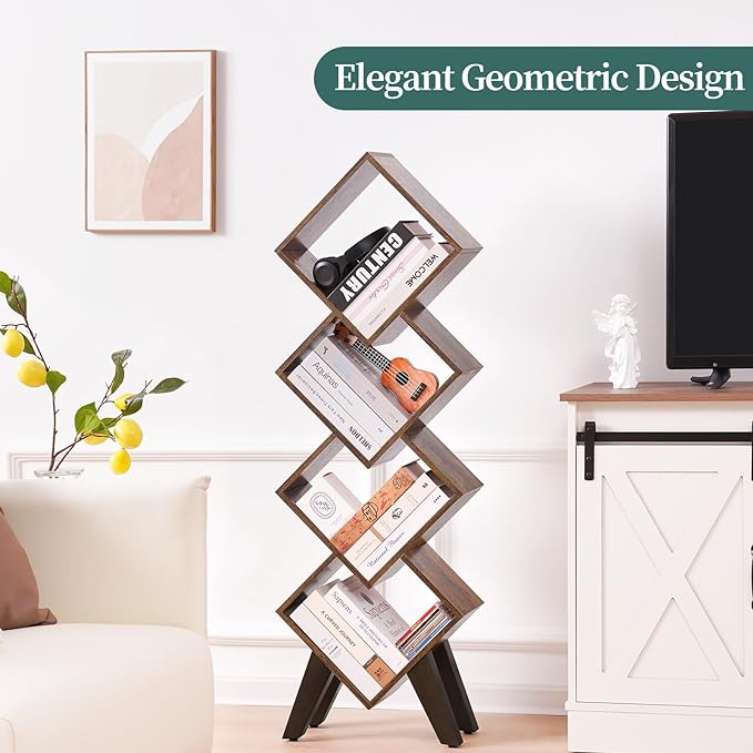 Yoobure Small Bookshelf, Tall 4-Tier Book Shelf, Wood Bookcase Book Organizer, Industrial Bookshelves Floor Standing for CDs/Books in Small Spaces, Bedroom, Living Room, Home Office