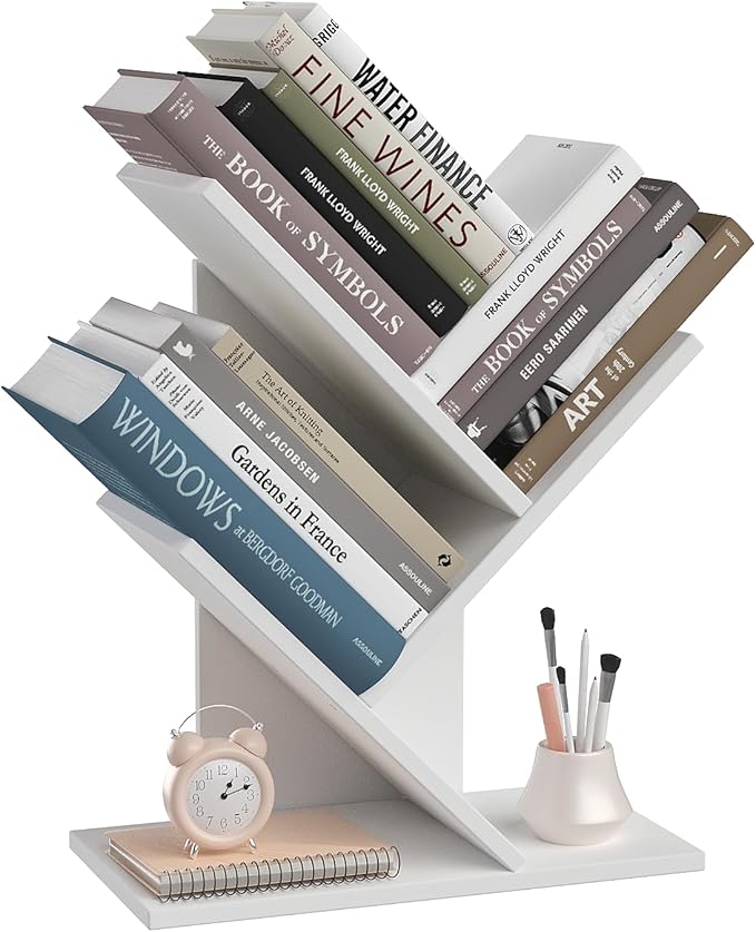 Tree Bookshelf, 3-Tier Book Storage Organizer Shelves Floor Standing Bookcase, Wood Storage Rack for Office Home School Shelf Display for Cd/Magazine（White）