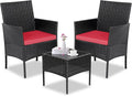 Patio Furniture Set 3 Pieces All-Weather Rattan Outdoor Furniture Patio Chairs with Tempered Glass Table for Porch Bistro Balcony Bistro Set(Black/Red)