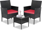 Patio Furniture Set 3 Pieces All-Weather Rattan Outdoor Furniture Patio Chairs with Tempered Glass Table for Porch Bistro Balcony Bistro Set(Black/Red)